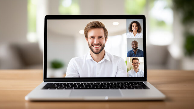 Man with beard looks at camera while participating in virtual meeting. Bright and airy home office setting with natural light. Concept of remote work, teamwork, communication - Powered by Adobe