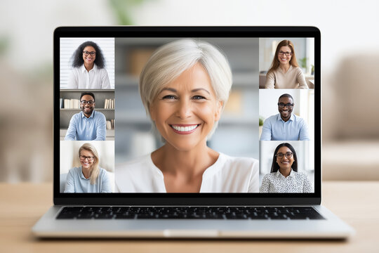 Woman smiling while leading virtual meeting on laptop screen with six engaged participants visible. Bright indoor space with wooden desk. Concept of remote work, online collaboration, team engagement - Powered by Adobe