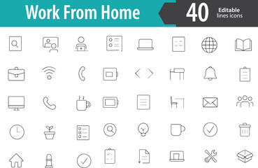 Work From Home Line Icons, Remote Work Desk, Laptop Setup, Video Call, Home Office, Task Management, Editable Formats: AI, EPS, PNG, JPG, Ideal for Both Digital and Print Use
