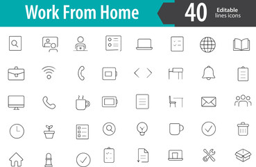 Work From Home Line Icons, Remote Work Desk, Laptop Setup, Video Call, Home Office, Task Management, Editable Formats: AI, EPS, PNG, JPG, Ideal for Both Digital and Print Use
