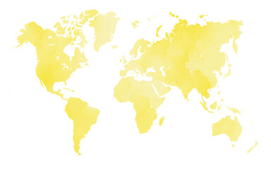 This artwork features a world map illustrated with a unique watercolor texture in bright yellow hues, ideal for creative projects and educational materials. The soft colors add a contemporary touch.