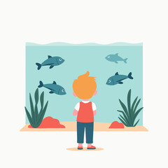 Young boy watching fish swim in aquarium with plants and sand  