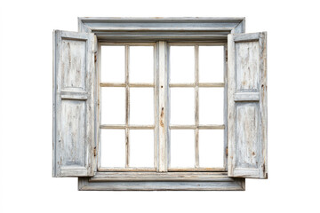 Obraz premium Rustic antique wooden window with open weathered shutters and a distressed white paint finish isolated on white background