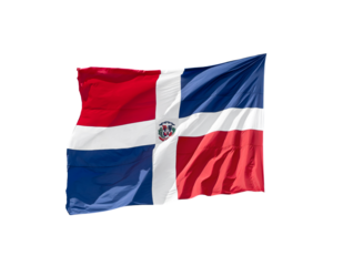 Flying and waving flag of Dominican Republic on wind, closeup object. Isolated on transparent background