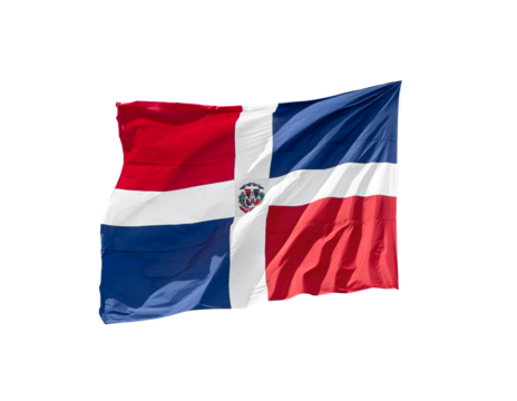 Flying and waving flag of Dominican Republic on wind, closeup object. Isolated on transparent background