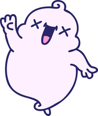 cartoon of a cute halloween ghost waving in bright neon color