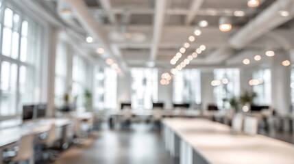 Fototapeta premium Blurred modern office space with white furniture, large windows, and soft overhead lighting creates a serene atmosphere.