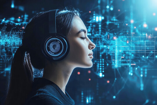 Young woman wearing futuristic headphones immersed in digital data streams isolated on white background - Powered by Adobe
