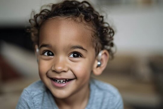 Happy disabled boy wearing a hearing amplifier aid. Smiling mixed race deaf child with a listening device. Inclusion and diversity in disability friendly deib inclusive school education	