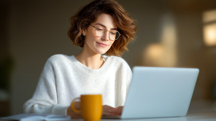 Woman focused on laptop with a warm smile, seated at desk in softly lit room. Cozy atmosphere created by warm tones and natural light filtering through window