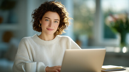 Woman smiles while working on laptop at bright home interior. Cozy atmosphere with natural light and flowers in background. Concept of remote work, productivity, home office
