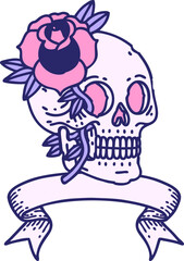 traditional tattoo with banner of a skull and rose in bright neon color