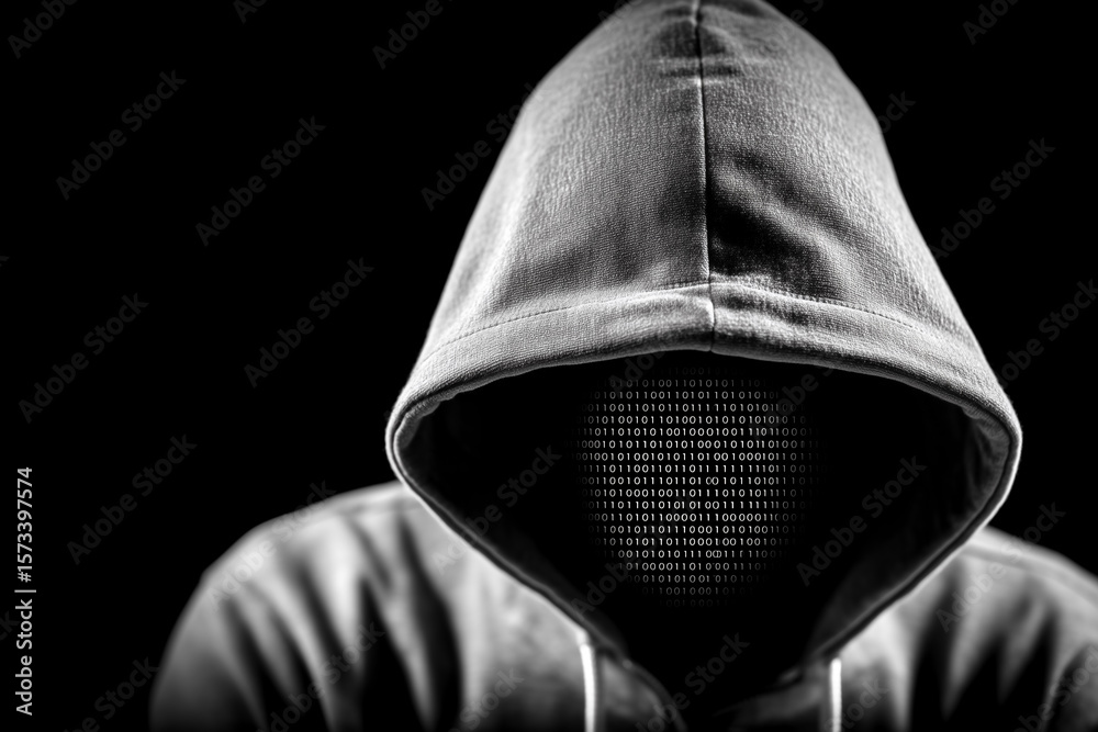 Poster hooded figure obscured by darkness with face replaced by streaming binary code. evokes themes of ano