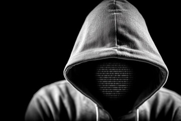 Hooded figure obscured by darkness with face replaced by streaming binary code. Evokes themes of anonymity, cybersecurity threats, and digital culture