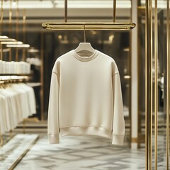 Stylish cream sweatshirt displayed on hanger in a luxury clothing store, showcasing fashion apparel and retail merchandising in a boutique.