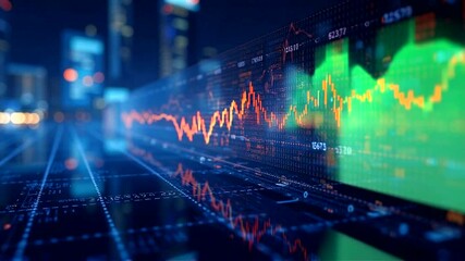 Night cityscape with fluctuating financial data overlay - Powered by Adobe
