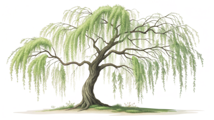 Anime inspired weeping willow tree gracefully bends over a tranquil scene, its long, slender branches creating a sense of peace and serenity isolated on transparent background