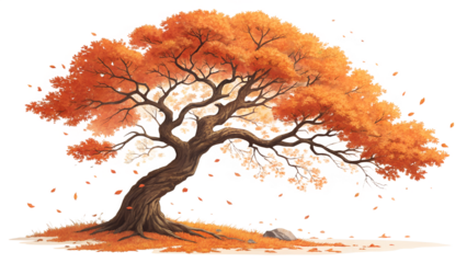 A majestic anime inspired tree adorned with fiery orange and red autumn leaves sways gently in the breeze, creating a breathtaking spectacle of seasonal beauty isolated on transparent background