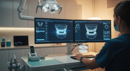 Woman dentist analyzing 3D dental scan of jaw and teeth on computer monitor. Digital dentistry concept for dental care.