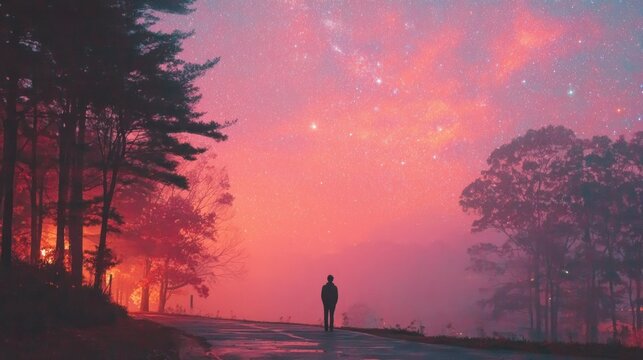 Silhouetted figure on a road, vibrant pink and purple sky, misty forest - Powered by Adobe