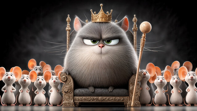 Grumpy cartoon cat king on golden throne surrounded by mice, perfect for children’s and humorous content