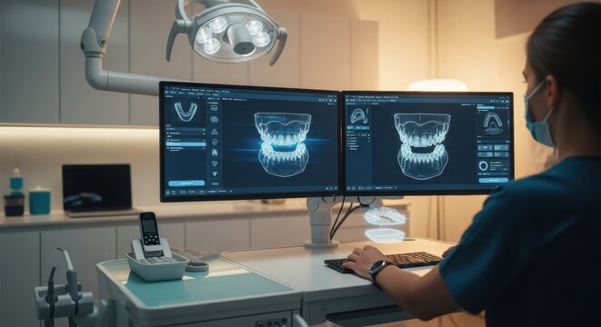 Woman dentist analyzing 3D dental scan of jaw and teeth on computer monitor. Digital dentistry concept for dental care.