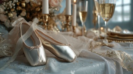 Elegant ballet shoes on festive table with candles and champagne
