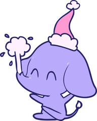 cute hand drawn line drawing of a elephant spouting water wearing santa hat in bright neon color
