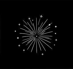 Sparkling Fireworks Burst: A simple line art illustration depicts a celebratory fireworks explosion against a black background, showcasing its radiant rays and twinkling stars.