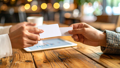 Business Card Exchange: Two hands exchange a blank business card across a rustic wooden table in a cafe setting. A tablet computer showing a graph is also visible.