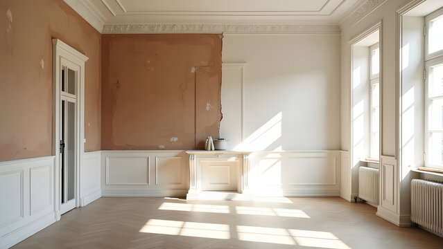 Interior room undergoing renovation with one wall partially plastered and the other wall freshly painted white