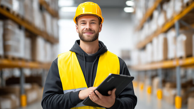 Warehouse worker is looking at camera, wearing safety helmet and high-visibility vest while holding a tablet. Brightly lit storage facility with organized shelves