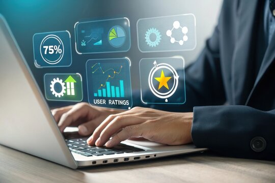 Businessman analyzing digital data and user ratings on laptop - Powered by Adobe