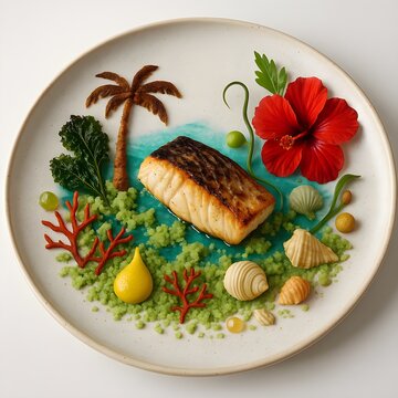 Gourmet Oceanic Delight - Pan-Seared Fish with Tropical Garnish