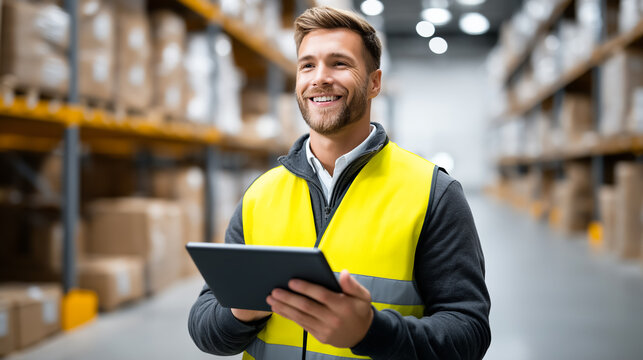 Warehouse worker with bright yellow safety vest smiles while using tablet in expansive storage area. Well-organized shelves stocked with boxes enhance operational efficiency