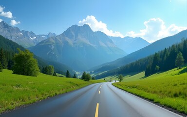 Fototapeta premium Asphalt highway and green meadows with mountain natural landscape under the blue sky. High quality