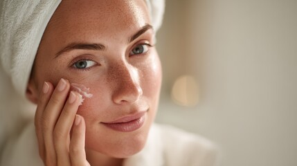 Woman Applying Beauty Cream in Bathroom Close-Up