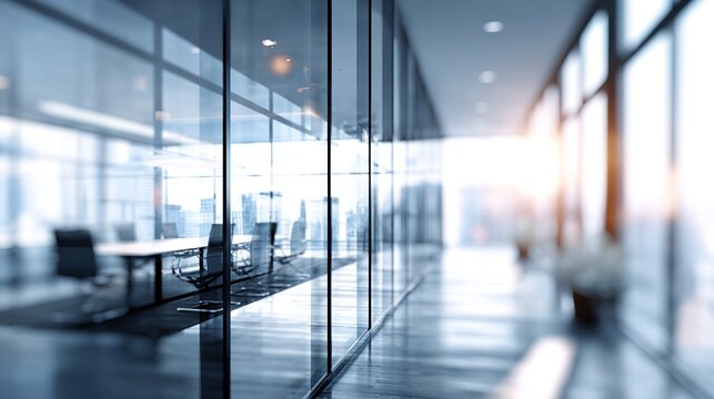 Modern corporate office hallway with glass walls reflecting a bright conference room showcasing professionalism and architectural design in muted tones.