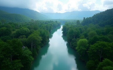 Beautiful natural scenery of river in southeast Asia tropical green forest  with mountains in background aerial view drone shot : Generative AI. High quality