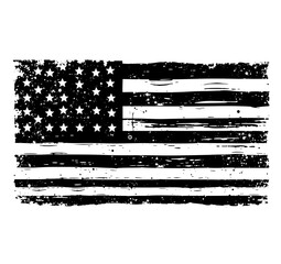Distressed American Flag: A gritty, black and white vector illustration of the US flag, featuring a textured, worn aesthetic with grunge elements and stark contrast.