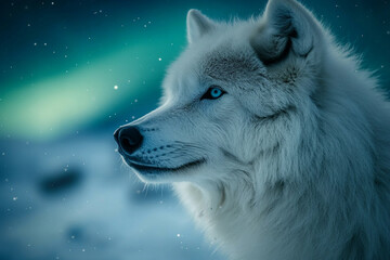 Obraz premium Silhouette of Howling Wolf Against Vibrant Green Northern Lights in Arctic Night Sky, Generative AI