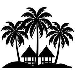 Obraz premium Tropical Island Paradise Silhouette Two Palm Trees Beach Huts Vacation Relaxation Exotic Getaway