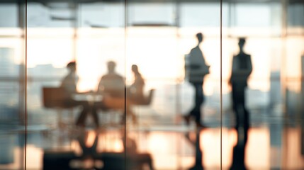Corporate ambition: Silhouetted figures engage in professional activities, obscured by the sleek glass facade of a modern office space.