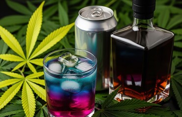 THC-enhanced colorful drinks on surface with ice, can, and cannabis leaves arranged around, highlighting refreshment and herbal lifestyle