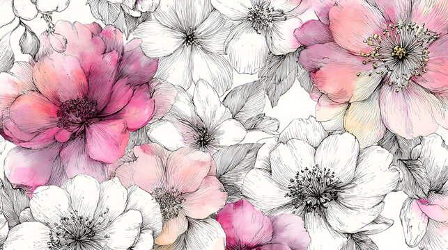 Symphony of Sketch and Watercolor: A Floral Dance in Pastel Hues