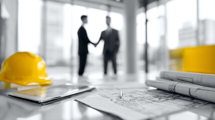 Architectural collaboration in a modern office space showcasing blueprints, handshake and a hardhat for safety design.