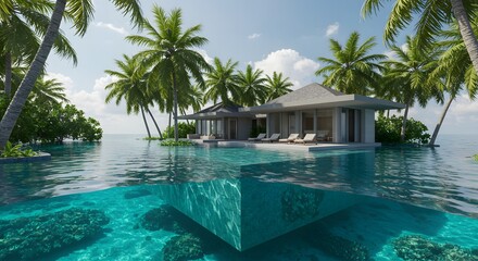 Obraz premium Luxury island villa with infinity pool and ocean view in tropical paradise vacation destination getaway resort