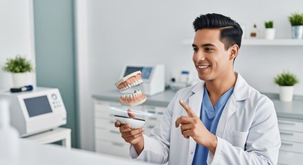 Man dentist holding a remote control and pointing at a digital model of teeth in a modern dental office.