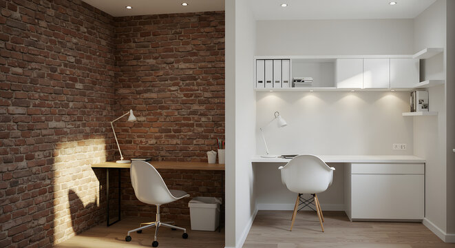 Modern home office with contrasting brick and white walls and minimalist desks