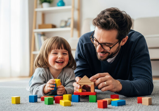 Father and daughter happily play with building blocks on the floor